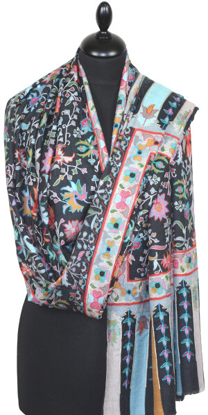 Étole Cachemire Noir Floral Brodée