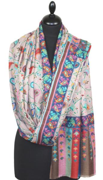 Étole Cachemire Rose Poudré Floral Brodée