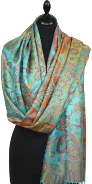 Étole soie turquoise-orange-vert