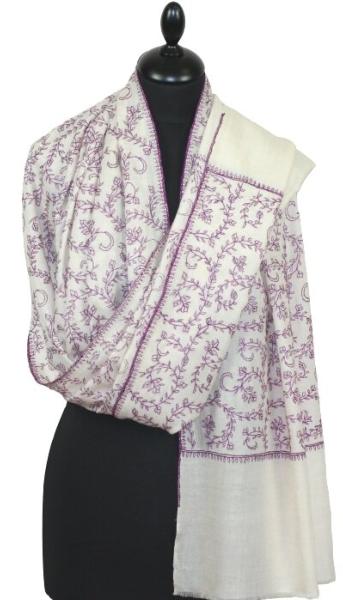 Pashmina Ivoire-Violette Brodé à la Main