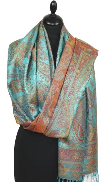 Étole soie turquoise-corail-orange