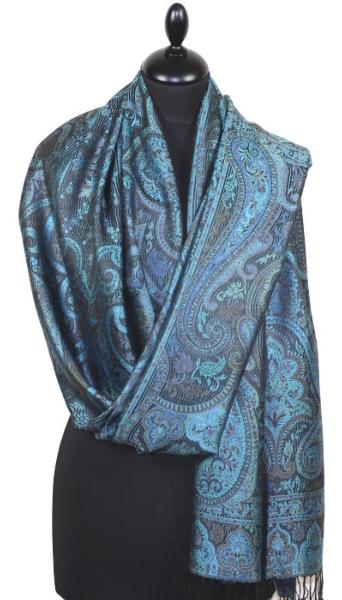 Étole en Soie Noir-Turquoise-Beige