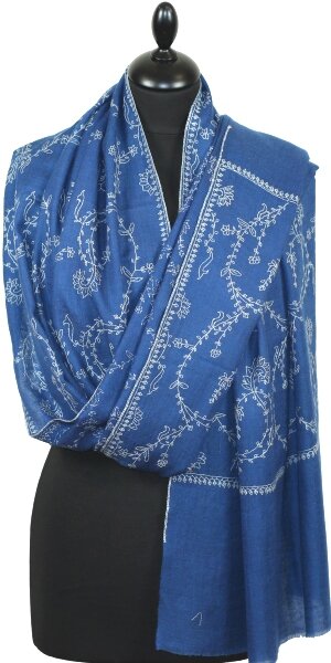 Pashmina Bleu Azur Brodé à la Main