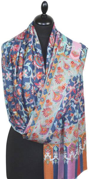 Étole Cachemire Bleu Marine Floral Brodée