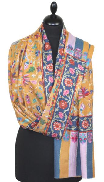 Étole Cachemire Moutarde Floral Brodée