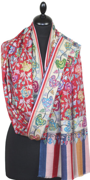 Étole Cachemire Rouge Floral Brodée