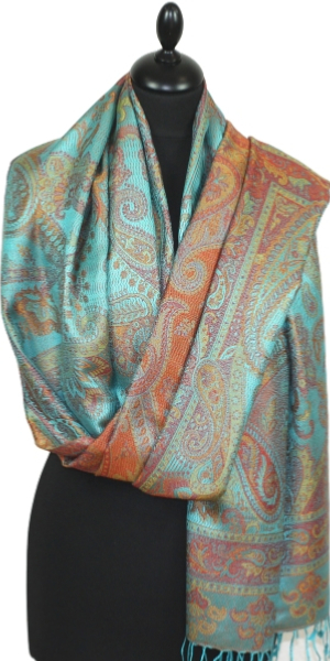 Étole soie turquoise-corail-orange
