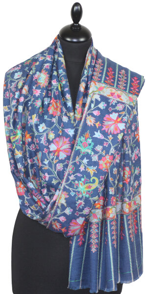 Étole Cachemire Bleu Marine Floral Brodée