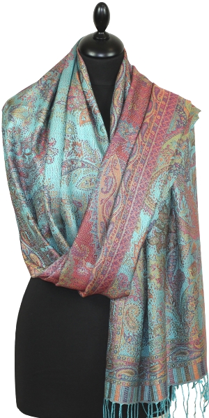 Étole soie turquoise-orange-vert