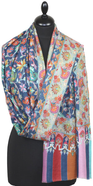 Étole Cachemire Bleu Marine Foral Brodée