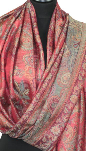 Étole en Soie Corail-Bleu-Or