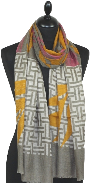 Écharpe Cachemire beige-rose-moutarde