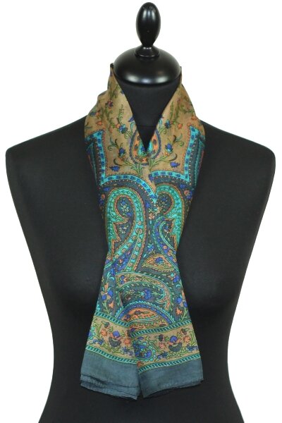 Foulard carré en soie gris-orange-turquoise