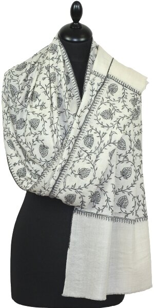 Pashmina Ivoire & Noir Brodé à la Main