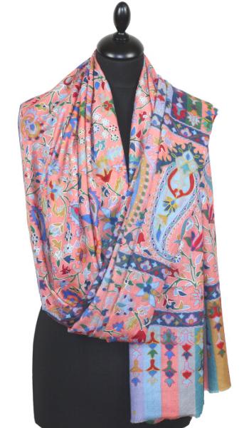 Étole Cachemire Corail Floral Brodée