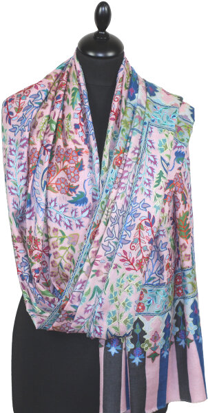 Étole Cachemire Rose Pâle Floral Brodée