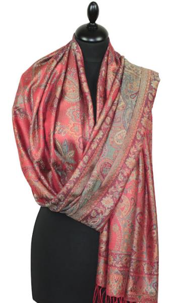 Étole en Soie Corail-Bleu-Or