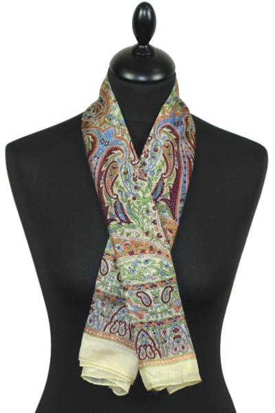 Foulard carré en soie champagne-bordeaux-vert