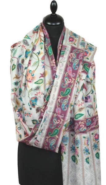 Étole Cachemire Blanc cassé Floral Brodée