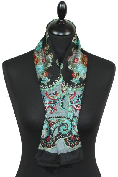 Foulard carré en soie noir-bleu-gris