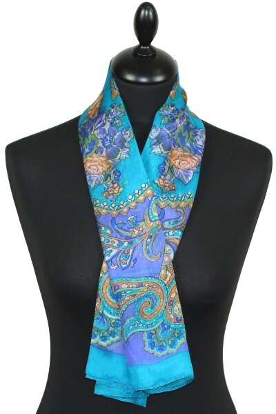 Foulard carré en soie turquoise-orange-violet