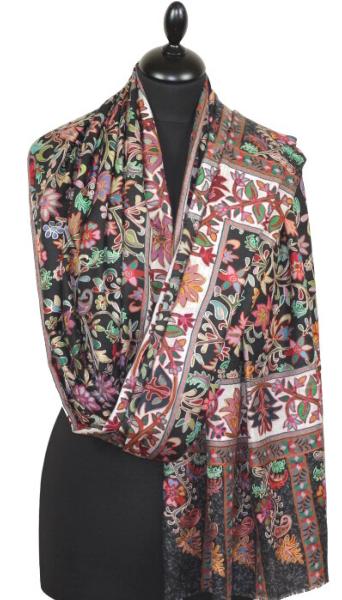 Châle Cachemire Noir Floral Brodé