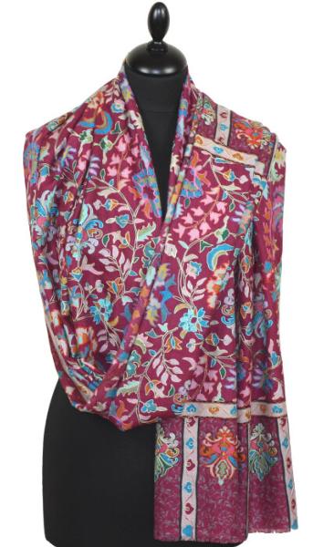 Étole Cachemire Bordeaux Floral Brodée