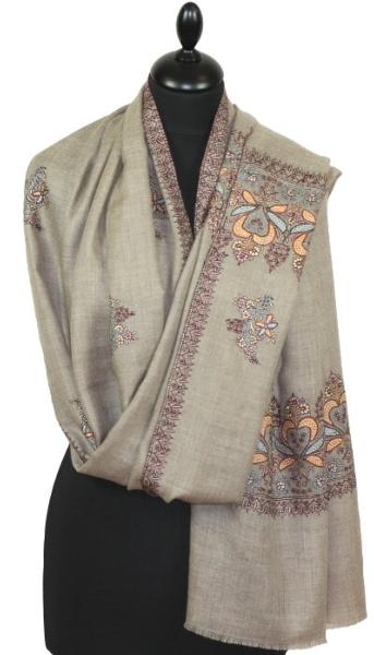 Pashmina Beige-Gris Brodé à la Main