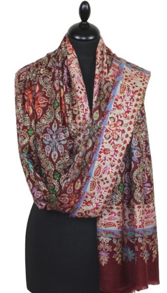 Étole Cachemire Bordeaux-Beige Floral Brodée