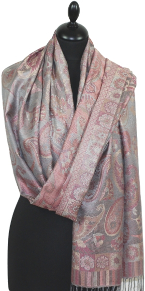 Étole soie gris-fuchsia-corail