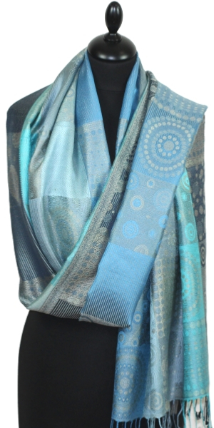 Étole soie bleu-turquoise-gris