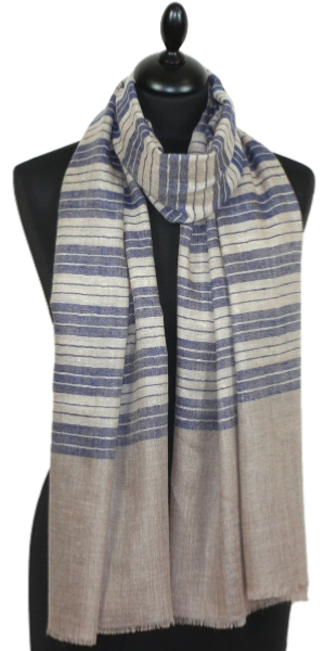 Pashmina 100% Cachemire Beige-Écru-Indigo