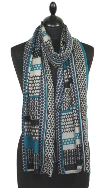 Écharpe Cachemire noir-turquoise-bleu