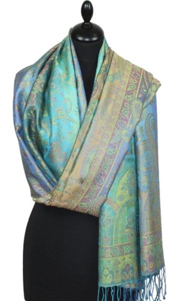 Étole en Soie Bleu-Turquoise-Corail