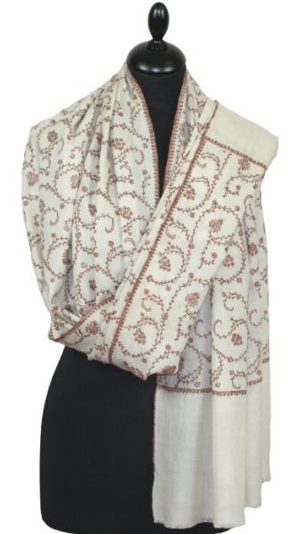 Pashmina Ivoire-Beige Brodé à la Main