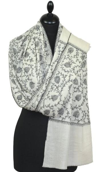 Pashmina Ivoire-Noir Brodé à la Main
