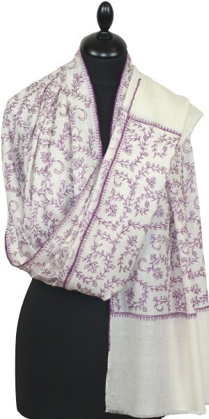 Pashmina Ivoire & Violette Brodé à la Main