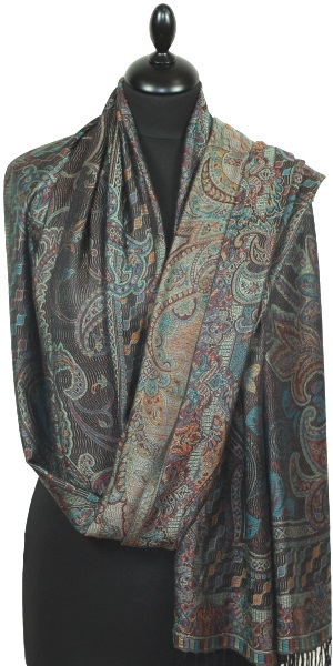 Étole Modal/Soie noir-orange-turquoise