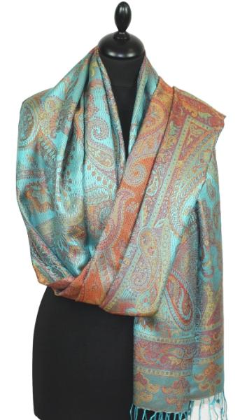 Étole en Soie Turquoise-Orange-Vert