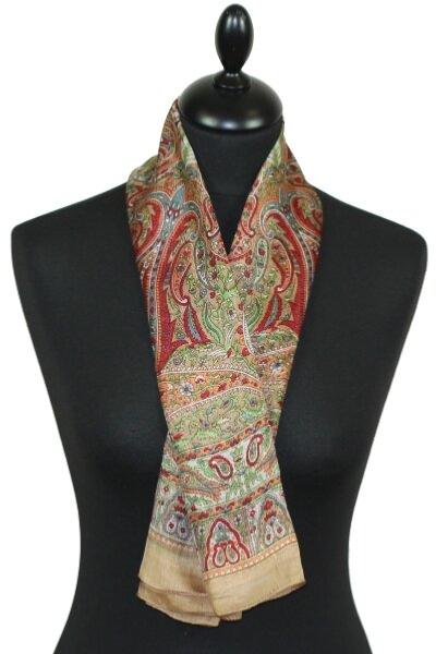 Foulard carré en soie beige-rouge-vert