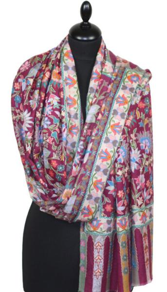 Étole Cachemire Bordeaux Floral Brodée
