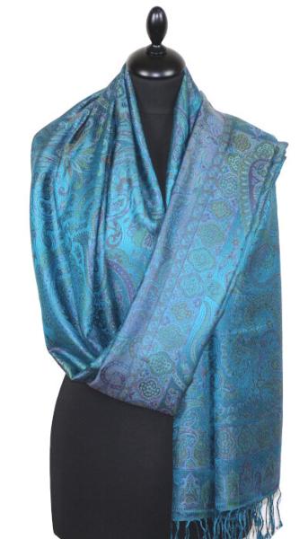 Étole en Soie Paon-Vert-Fuchsia