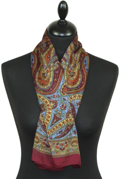 Foulard carré en soie bordeaux-beige-bleu