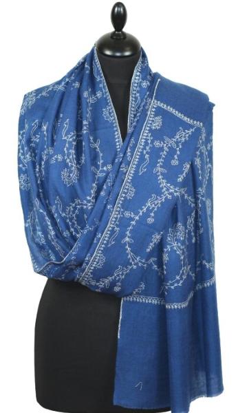 Pashmina Bleu Azur Brodé à la Main