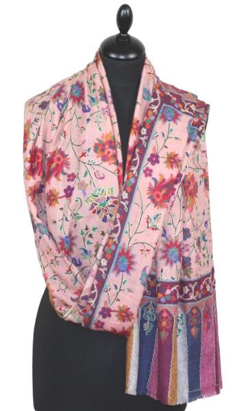 Étole Cachemire Corail Floral Brodée