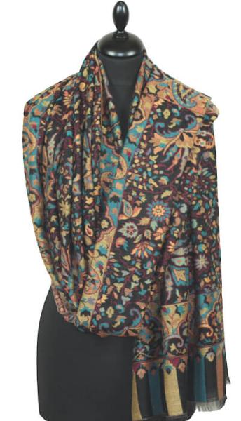 Étole Cachemire Noir Floral Kani