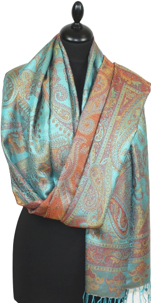 Étole en Soie Turquoise-Orange-Vert
