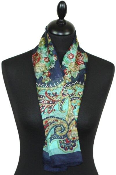 Foulard carré en soie marine-turquoise-beige