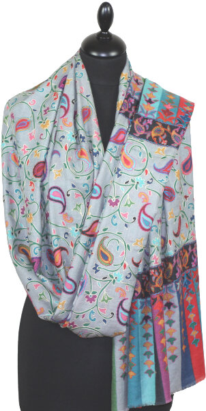 Étole Cachemire Gris Floral Brodée