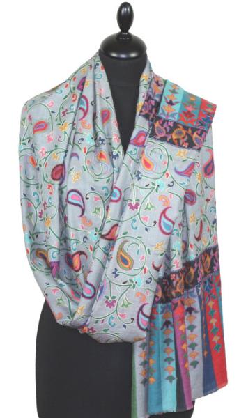 Étole Cachemire Gris Floral Brodée